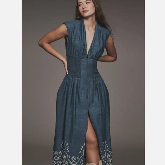 Anthropologie The Tommie Denim Chambray Zip Front Eyelet Trim Dress Blue L NWT - Picture 2 of 8
